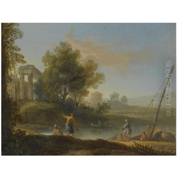 A Fluvial Landscape With Fishermen Unloading Their Nets, Classical Ruins Beyond Oil Painting by Marco Ricci