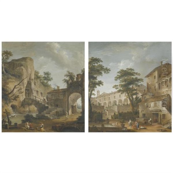 A View Of The Entrace To A Ruined Monastery With Monks And Peasants In The Foreground (+ A View Of A Convent With Nuns And Washerwomen In The Foreground; Pair) Oil Painting by Marco Ricci