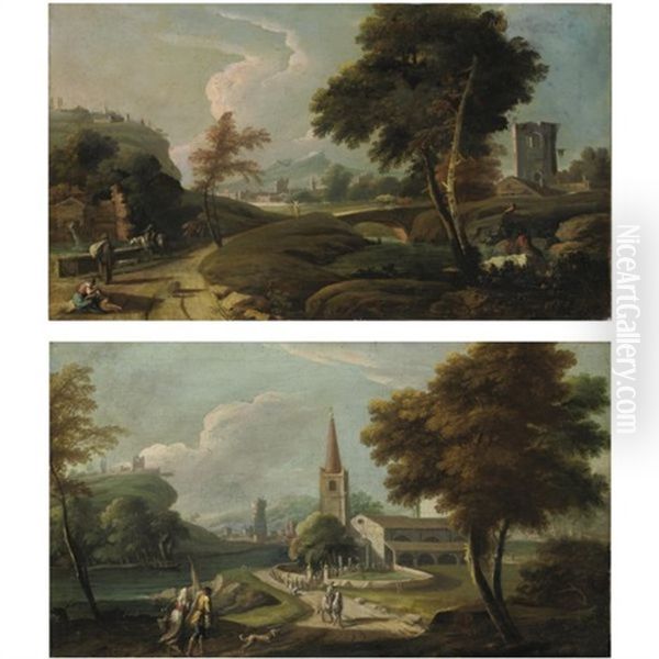 Paesaggio Boschivo Con Una Fontana E Figure Lungo Un Sentiero (+ Paesaggio Fluviale Con Una Processione Presso Una Chiesa; Pair) Oil Painting by Marco Ricci