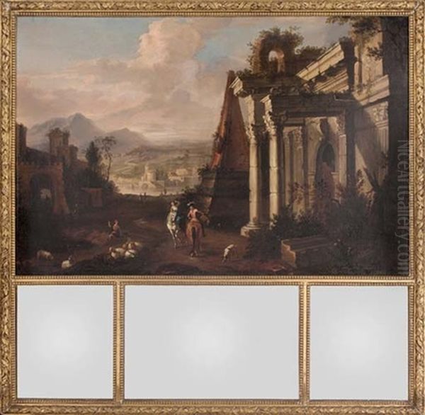 A Classical Landscape With Figures On Horseback And A Shepherd With His Flock By Ruins Oil Painting by Marco Ricci