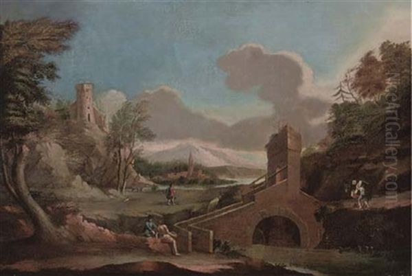 A Landscape With Travellers By A Bridge, A Castle And A Church Beyond (+ A Landscape With With Bathers And A Drover And His Cattle By A River, A Mill Beyond; Pair) Oil Painting by Marco Ricci