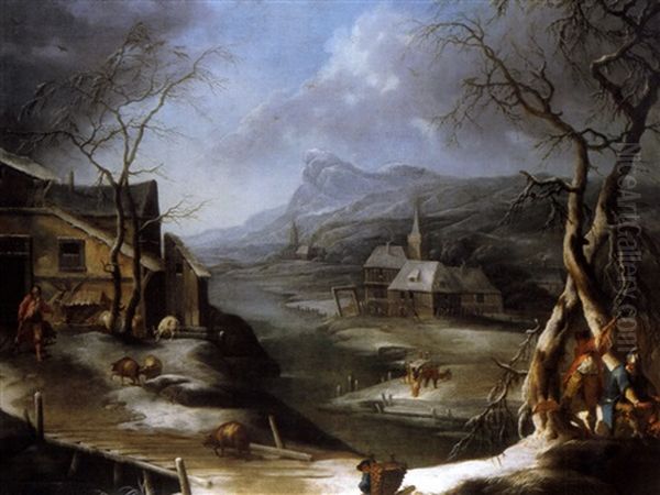 Winterlandschaft Mit Bauerngehoft Oil Painting by Marco Ricci