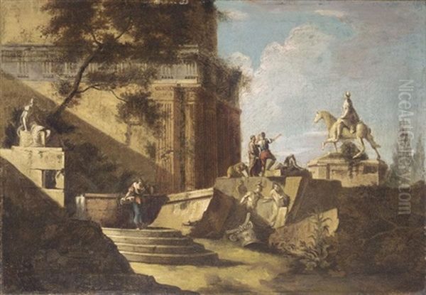 An Architectural Capriccio With Figures Amongst Ruins by Marco Ricci