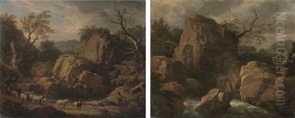 A Rocky Landscape With A Shepherd And His Flock By A Stream (+ A Rocky River Landscape With A Cottage In The Distance; Pair) Oil Painting by Marco Ricci