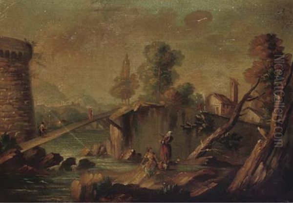 Washerwomen Near A Bridge, A Fortress Beyond (+ A Mediterranean Coastal Harbour With Shipping; Pair) Oil Painting by Marco Ricci