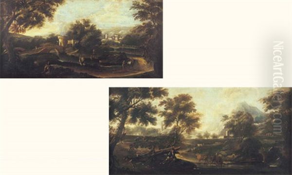 Paysage De Riviere Anime De Cavaliers (+ Another, Similar; Pair) Oil Painting by Marco Ricci