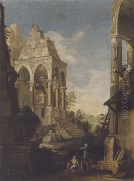 A Capriccio Of Classical Ruins With Figures Oil Painting by Marco Ricci