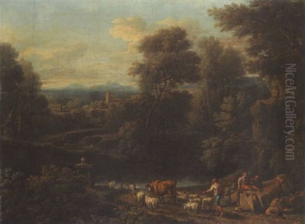 Paysage Avec Berger Et Troupeau Pres D'un Gue Oil Painting by Marco Ricci