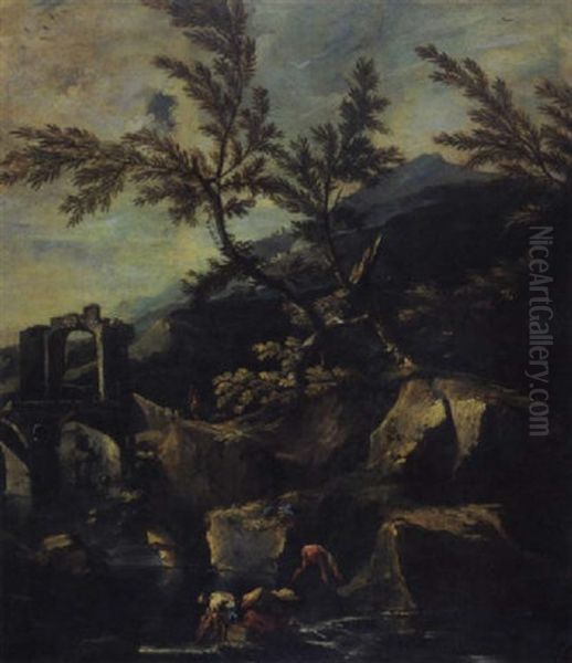 Paesaggio Fluviale Appeninico Con Ponte Diroccato E Bagnanti Ed Astanti In Lontanaza Oil Painting by Marco Ricci