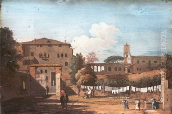 View Of An Italianate Courtyard With Woman Hanging Washing By A Fountain Oil Painting by Marco Ricci