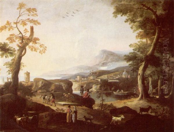 A River Landscape With Peasants And Livestock In The Foreground, A Town And Mountains In The Distance Oil Painting by Marco Ricci