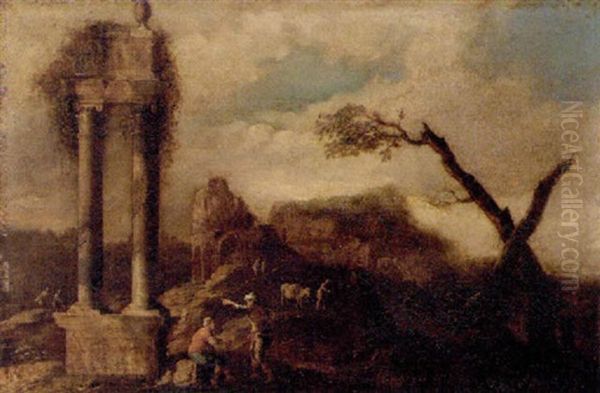 A Landscape With Figures By Classical Ruins Oil Painting by Marco Ricci