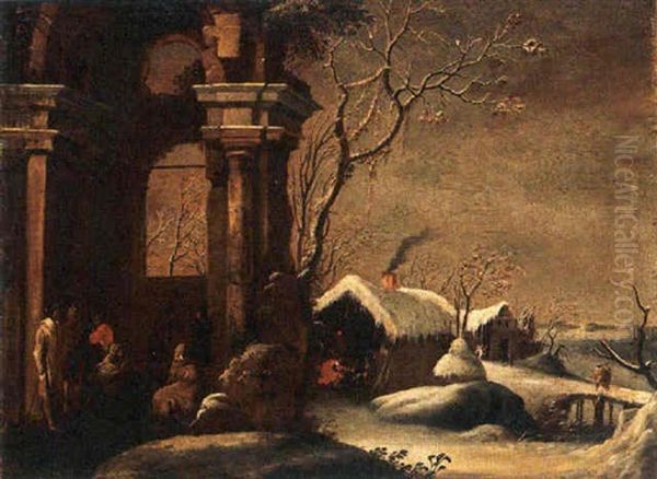 A Winter Landscape With Figures Hiding Against The Cold Amongst Ruins Oil Painting by Marco Ricci