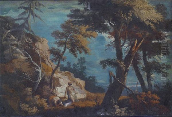 A Rocky Wooded Landscape With Two Hermits Oil Painting by Marco Ricci