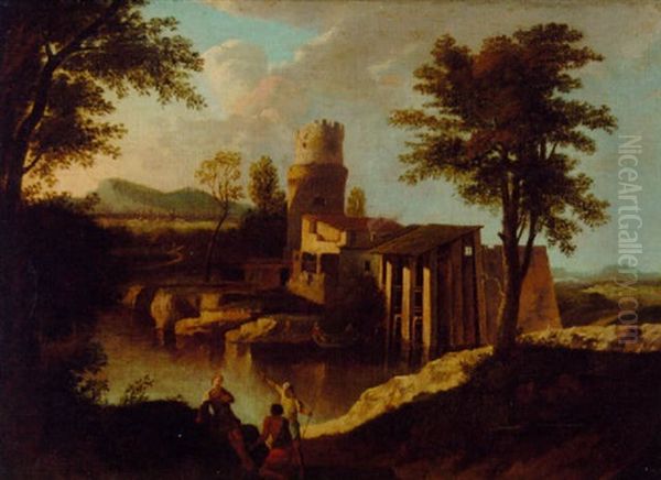 An Italianate River Landscape With Figures On A Bank, A Temple Beyond Oil Painting by Marco Ricci