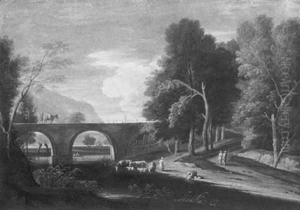 An Extensive Wooded Landscape With Shepherds By A Bridge And A Lake by Marco Ricci