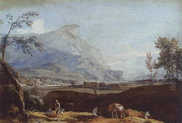 An Extensive Mountain Landscape With Peasants And A Wagon Oil Painting by Marco Ricci