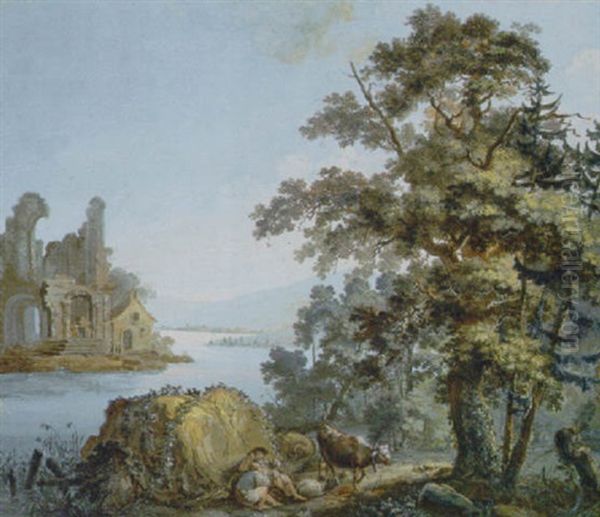 Paesaggio Fluviale Con Rovine E Pastori In Sosta Oil Painting by Marco Ricci