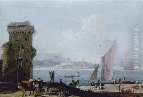 An Extensive View Of A Port With A Tower In The Foreground, A Fort Beyond Oil Painting by Marco Ricci