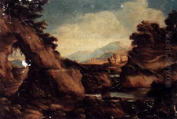 A Mountainous Landscape With A Waterfall Oil Painting by Marco Ricci