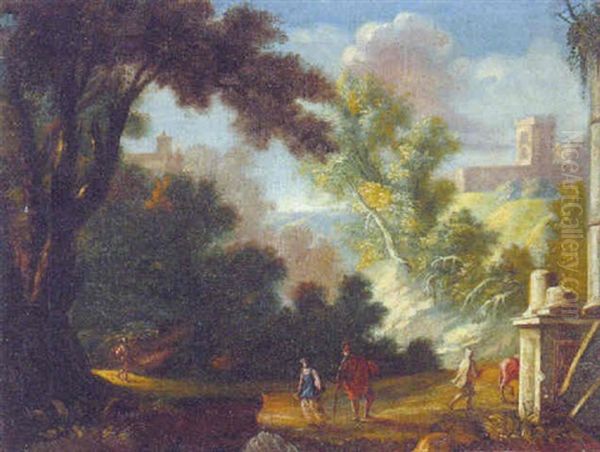 An Italianate Landscape With Peasants By Classical Ruins, A Hilltop Catle Beyond Oil Painting by Marco Ricci