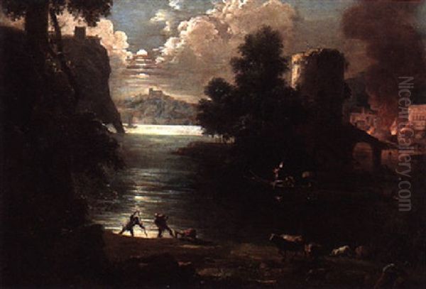 A Moonlit Scene With Figures And Cattle By A Lake, A Town Beyond Oil Painting by Marco Ricci