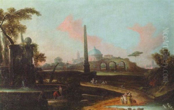 A Capriccio Landscape With Washerwomen By A Pond And Travellers By A Fountain, An Obelisk And A Town Beyond Oil Painting by Marco Ricci