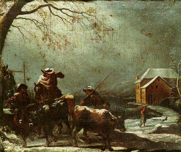 A Winter Landscape With A Traveller And A Herdsman In A Snowstorm Oil Painting by Marco Ricci