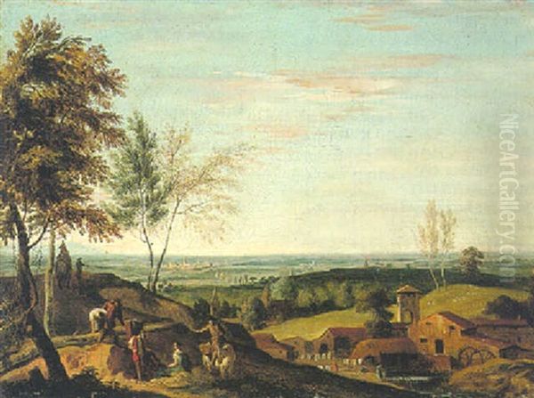 An Open Landscape With Washerwomen By A Watermill And Travellers On A Hilltop Track Oil Painting by Marco Ricci