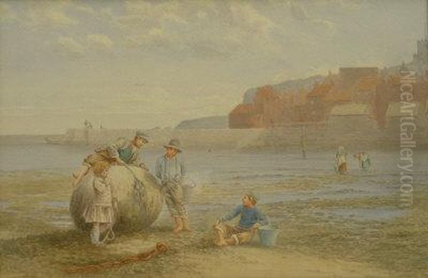 'the Harbour Buoy' - Children Playing Near Tate Hill Pier Whitby Oil Painting by Edward C. Booth