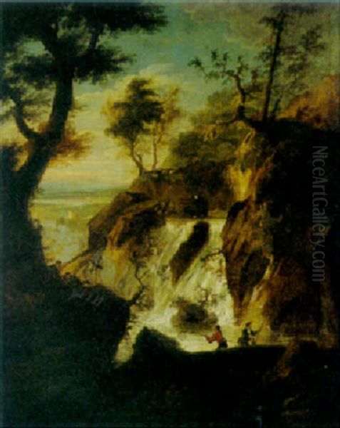 A Mountainous Landscape With Fishermen By A Waterfall Oil Painting by Marco Ricci