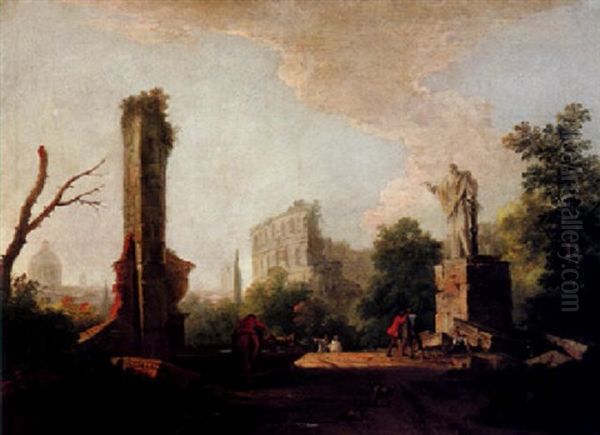 An Architectural Capriccio With Figures By A Fountain, The Colosseum Behind Oil Painting by Marco Ricci