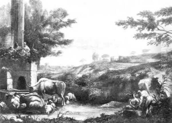 A Landscape With Herdsmen And Herd Oil Painting by Marco Ricci