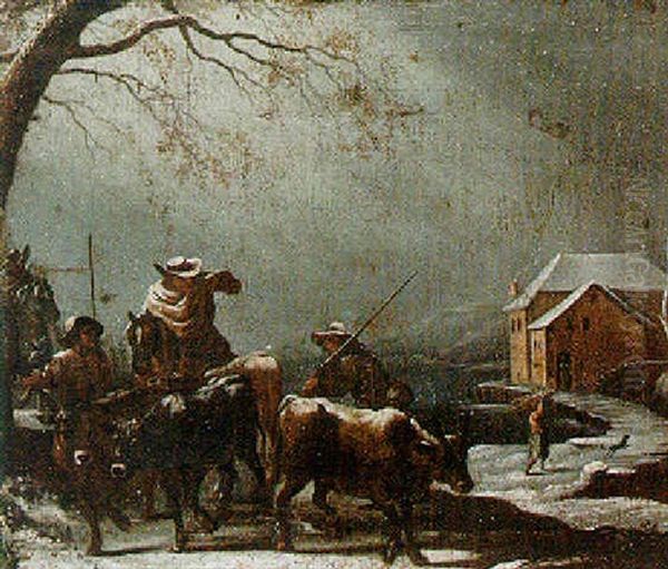 A Winter Landscape With A Traveller And Herdsmen In A Snowstorm Oil Painting by Marco Ricci