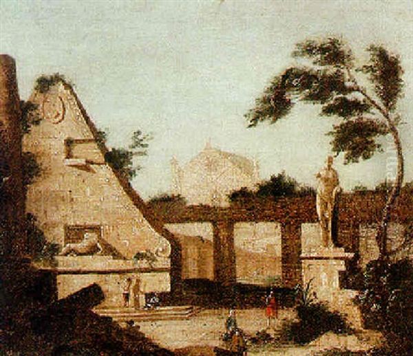 Capriccio View Of Ruins And A Church In The Distance, With An Artist Sketching Oil Painting by Marco Ricci