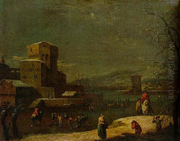 Winter Landscape With Figures On A Frozen River By A Castle Oil Painting by Marco Ricci