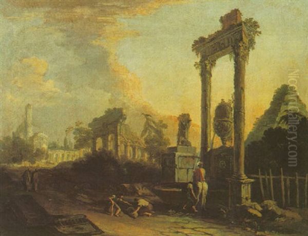 Landsape With Figures At A Fountain Beneath A Ruined Arch, Classical Ruins Beyond Oil Painting by Marco Ricci