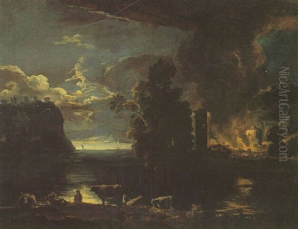 Moonlit Landscape With A Burning Village On The Shore Of A Lake Oil Painting by Marco Ricci