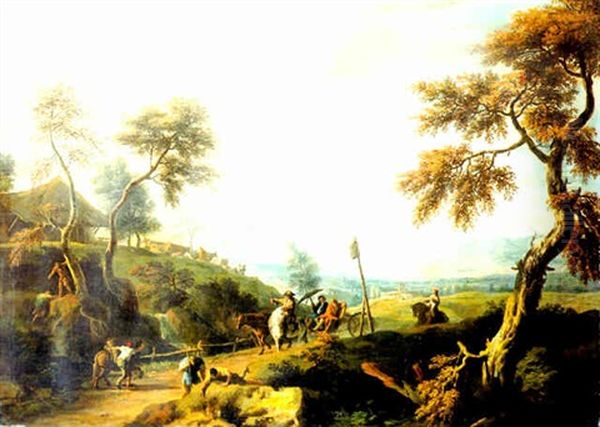 A Wooded Landscape With Gentlemen In A Carriage On A Road In The Foreground, A Valley Beyond Oil Painting by Marco Ricci