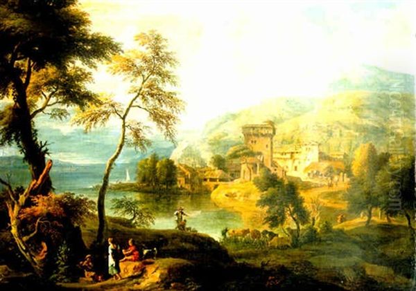 A Wooded Landscape With A Village On A Wide River Oil Painting by Marco Ricci