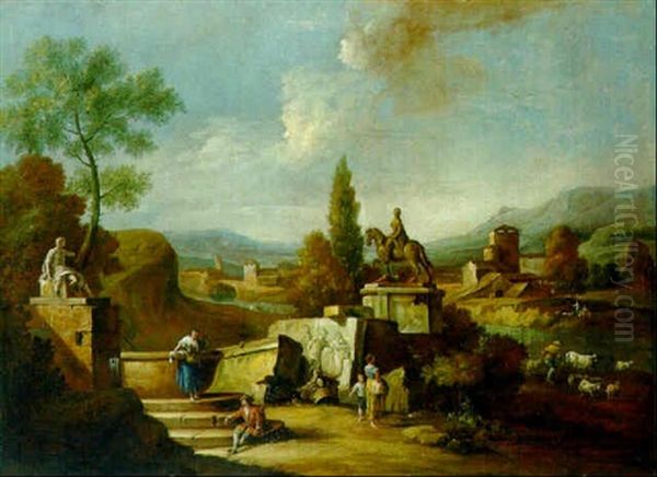 A Classical Landscape With Peasants Near An Equestrian Statue Oil Painting by Marco Ricci