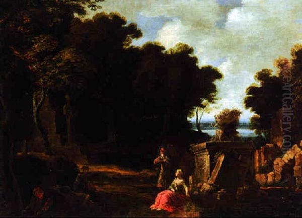 A Wooded River Landscape With Peasants Amongst Classical Ruins Oil Painting by Marco Ricci