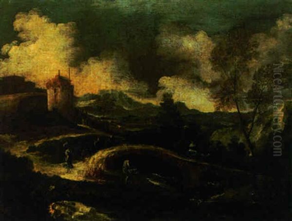 A River Landscape With Peasants On A Bridge, A Tower Beyond Oil Painting by Marco Ricci