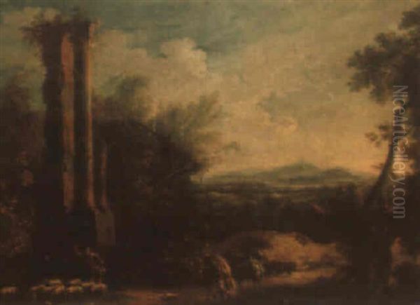 Extensive Italianate Landscape With Ruins, A Traveller And A Shepherd Oil Painting by Marco Ricci