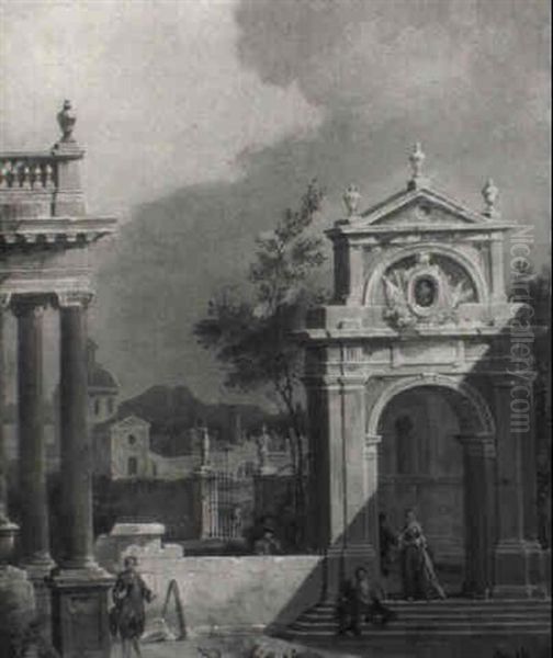 Architectural Capriccio With Figures In Front Of An Archway Oil Painting by Marco Ricci