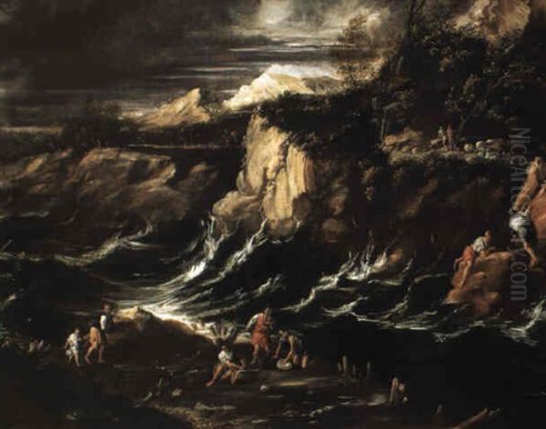 Waves Cutting Through Cliffs With Figures On The Shore Oil Painting by Marco Ricci