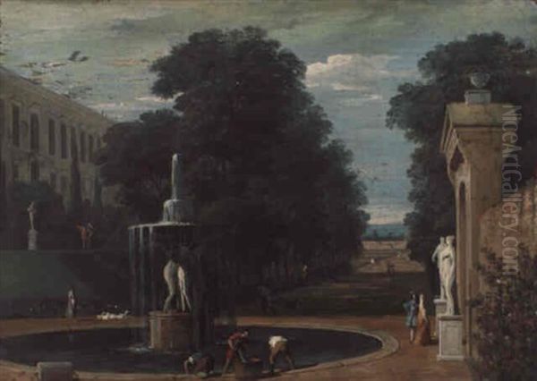 View Of The Park Of A Villa With A Fountain In The Foreground by Marco Ricci