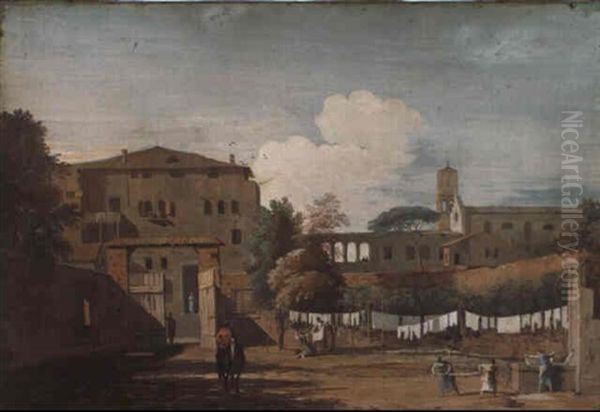 View Of An Italianate Courtyard With Women Hanging Washing Oil Painting by Marco Ricci