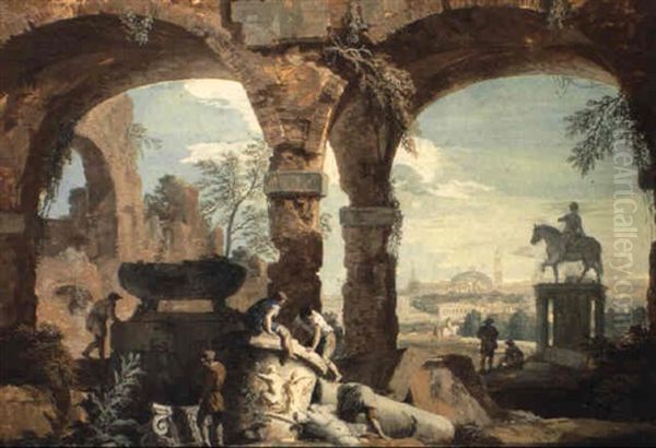 Capriccio Con Rovine, Sarcofago E Monumento Equestre Oil Painting by Marco Ricci