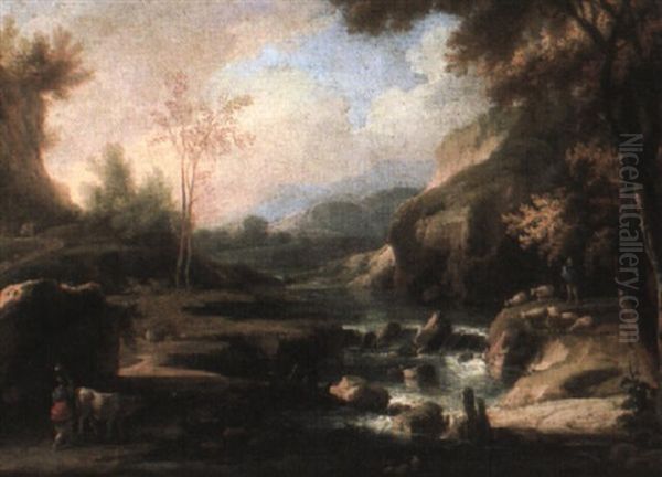 River Landscape With Herders And Their Flocks Oil Painting by Marco Ricci